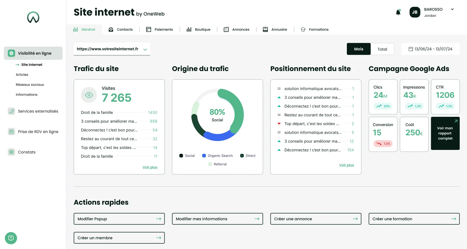 OneWeb - Portail client - Portail unique réunissant plusieurs services avec tableaux de bord métiers et navigation unifiée.